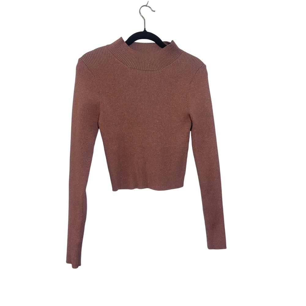 Day + Moon Womens Bronze Metallic Ribbed Mock Neck Long Sleeve Crop Top NWT L